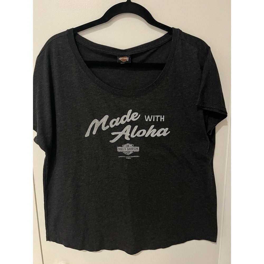 Harley Davidson Women Top Large Gray T-Shirt Made‎ With Aloha Honolulu Graphic